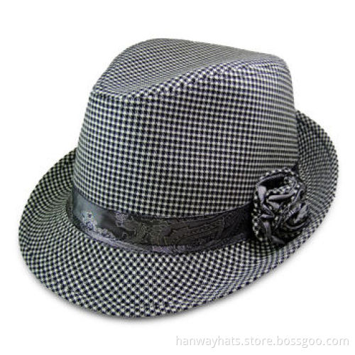Ladies' Pink Small Plaid Fedora Hat with Floral Band and Flower Trim
